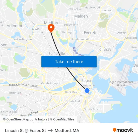 Lincoln St @ Essex St to Medford, MA map