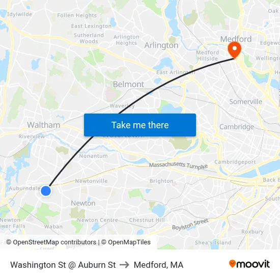 Washington St @ Auburn St to Medford, MA map