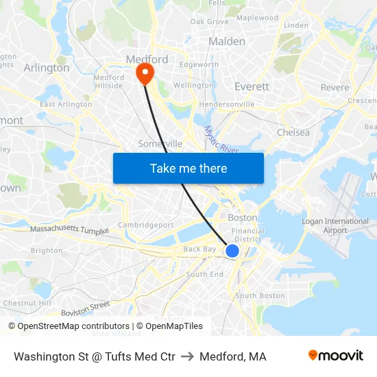 Washington St @ Tufts Med Ctr to Medford, MA map