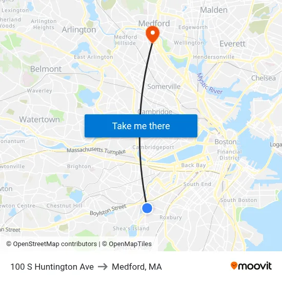 100 S Huntington Ave to Medford, MA map