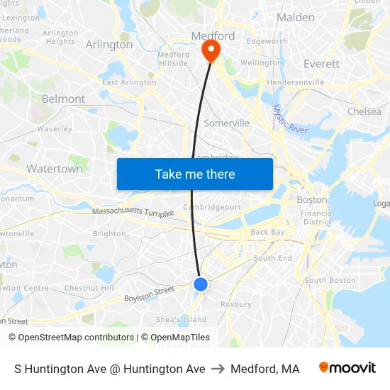 S Huntington Ave @ Huntington Ave to Medford, MA map