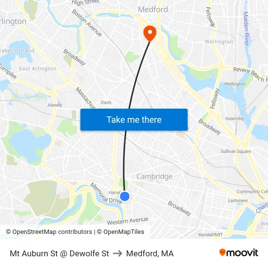 Mt Auburn St @ Dewolfe St to Medford, MA map