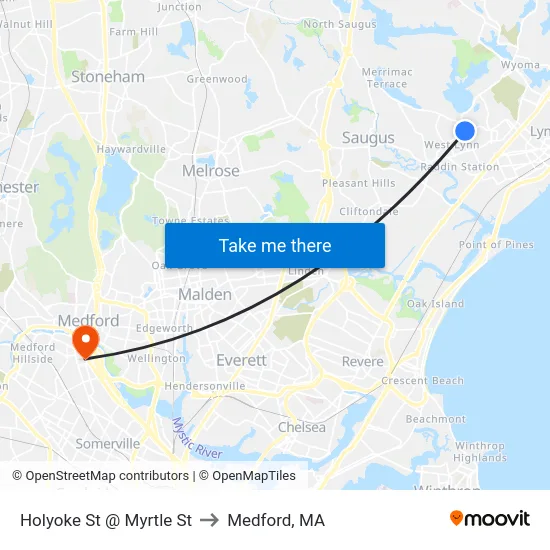 Holyoke St @ Myrtle St to Medford, MA map
