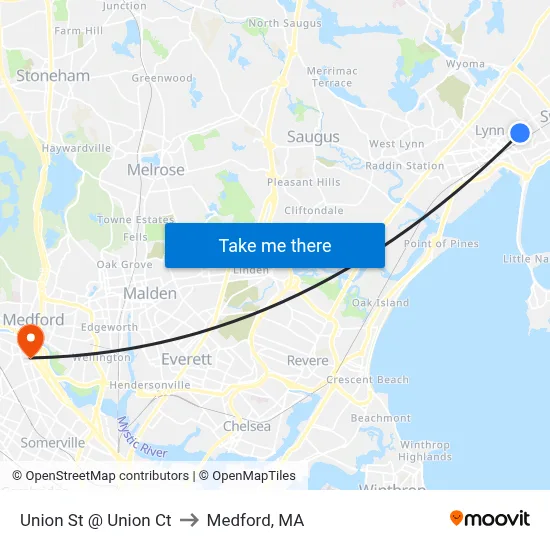 Union St @ Union Ct to Medford, MA map
