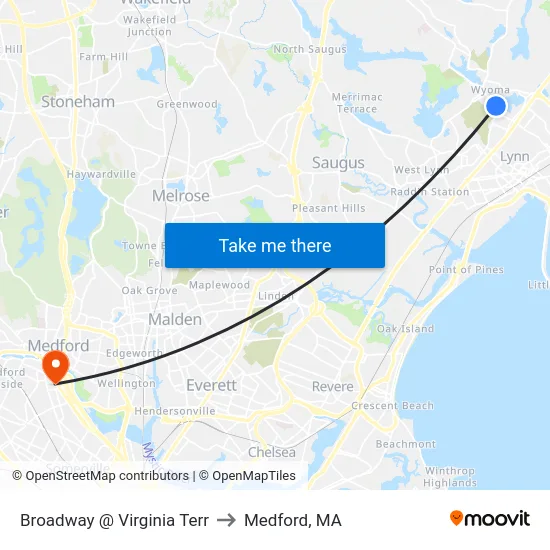 Broadway @ Virginia Terr to Medford, MA map