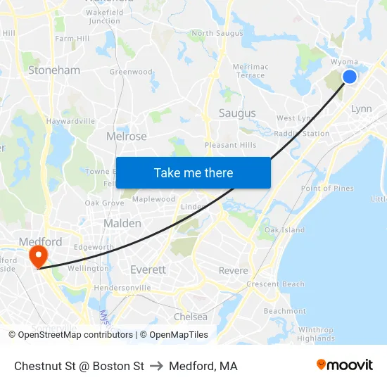 Chestnut St @ Boston St to Medford, MA map