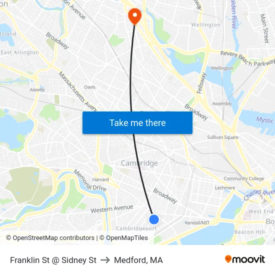 Franklin St @ Sidney St to Medford, MA map