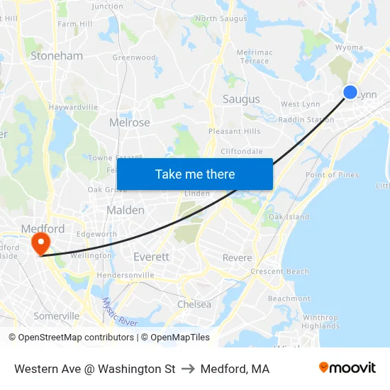 Western Ave @ Washington St to Medford, MA map