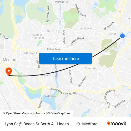 Lynn St @ Beach St Berth A - Linden Sq to Medford, MA map