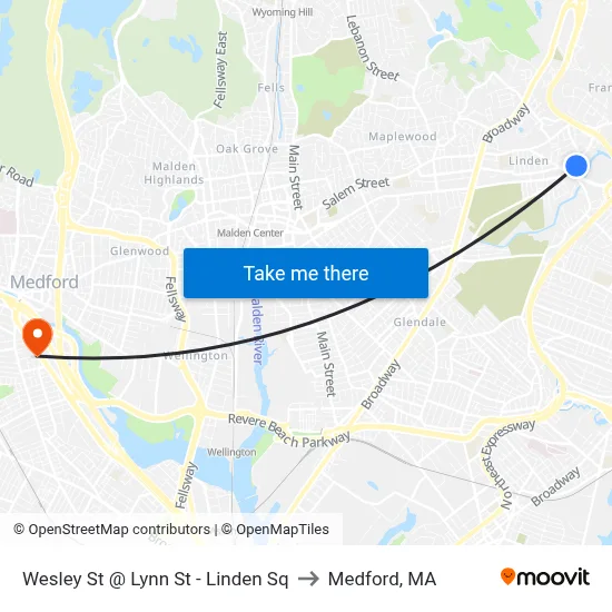 Wesley St @ Lynn St - Linden Sq to Medford, MA map