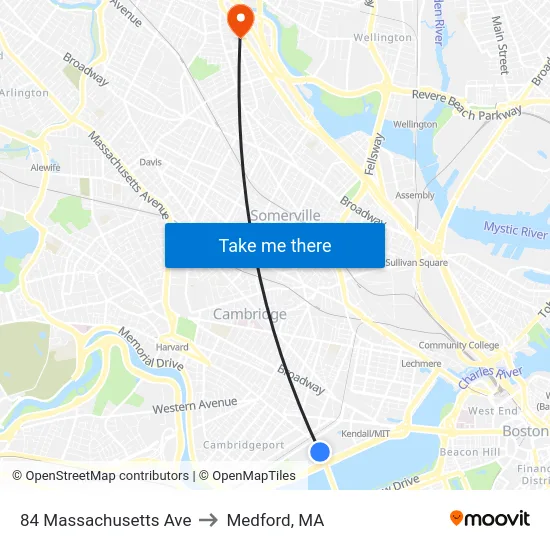 84 Massachusetts Ave to Medford, MA map