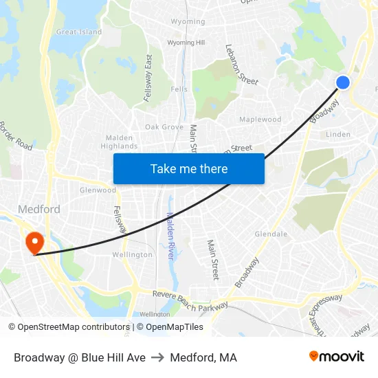 Broadway @ Blue Hill Ave to Medford, MA map