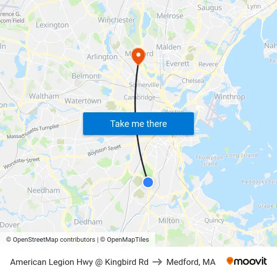 American Legion Hwy @ Kingbird Rd to Medford, MA map