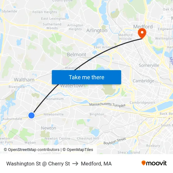 Washington St @ Cherry St to Medford, MA map