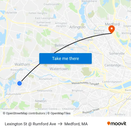 Lexington St @ Rumford Ave to Medford, MA map