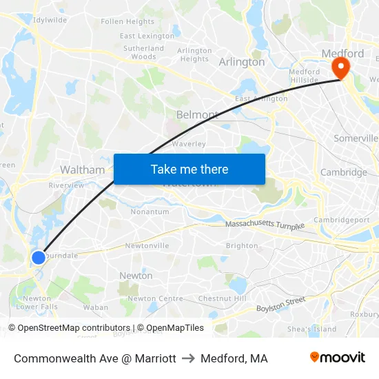 Commonwealth Ave @ Marriott to Medford, MA map