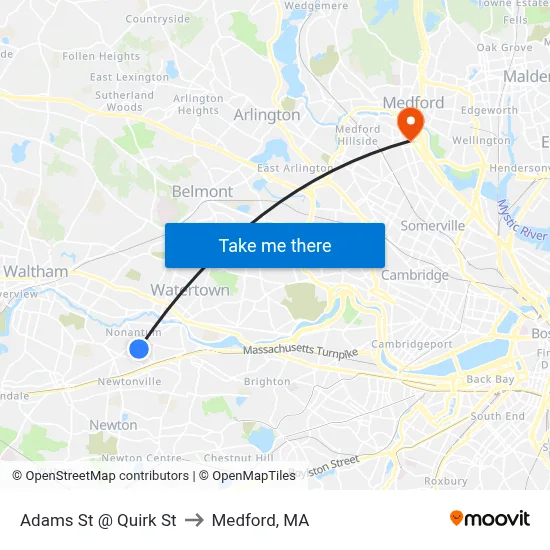 Adams St @ Quirk St to Medford, MA map