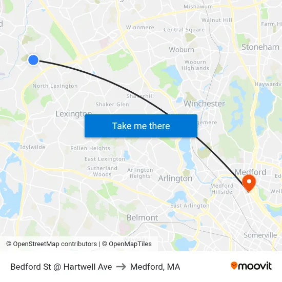 Bedford St @ Hartwell Ave to Medford, MA map