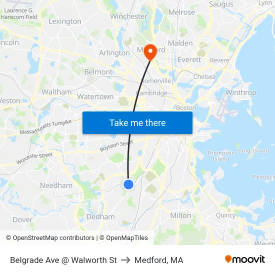 Belgrade Ave @ Walworth St to Medford, MA map