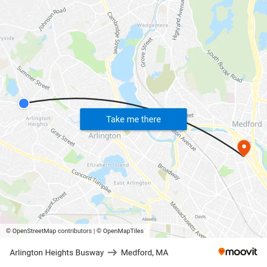 Arlington Heights Busway to Medford, MA map