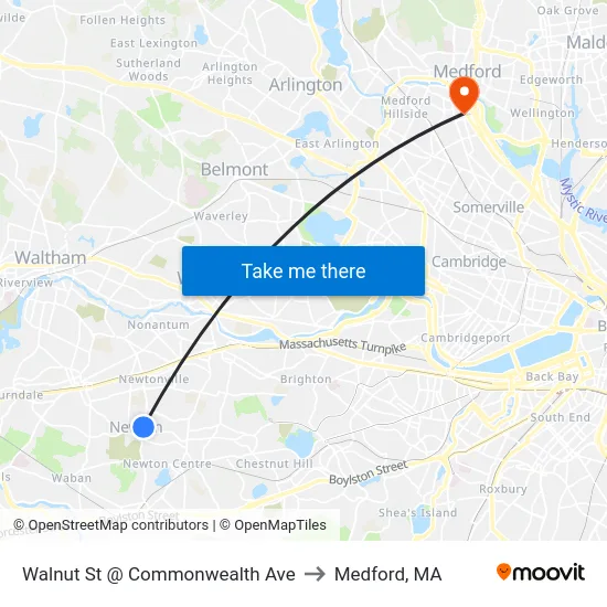 Walnut St @ Commonwealth Ave to Medford, MA map