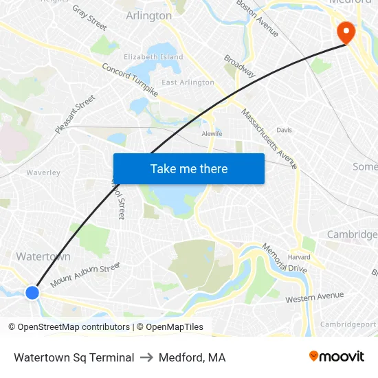 Watertown Sq Terminal to Medford, MA map