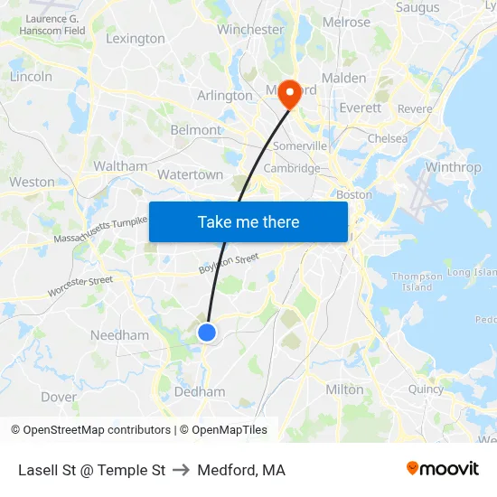 Lasell St @ Temple St to Medford, MA map