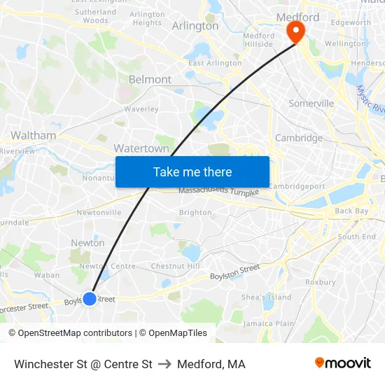 Winchester St @ Centre St to Medford, MA map