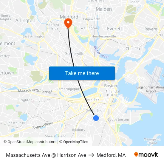 Massachusetts Ave @ Harrison Ave to Medford, MA map