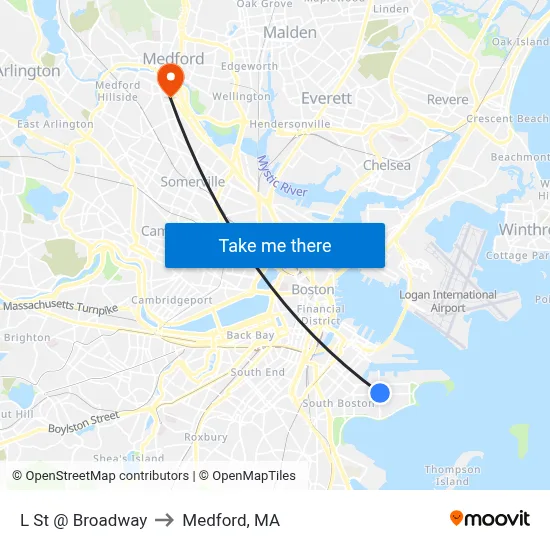 L St @ Broadway to Medford, MA map