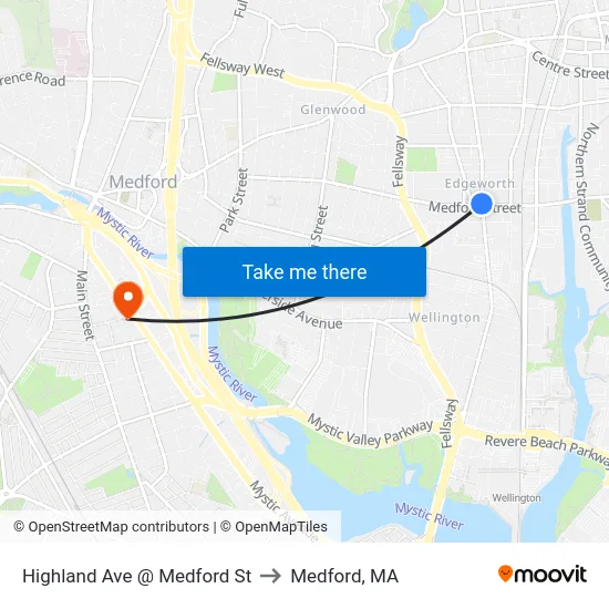 Highland Ave @ Medford St to Medford, MA map