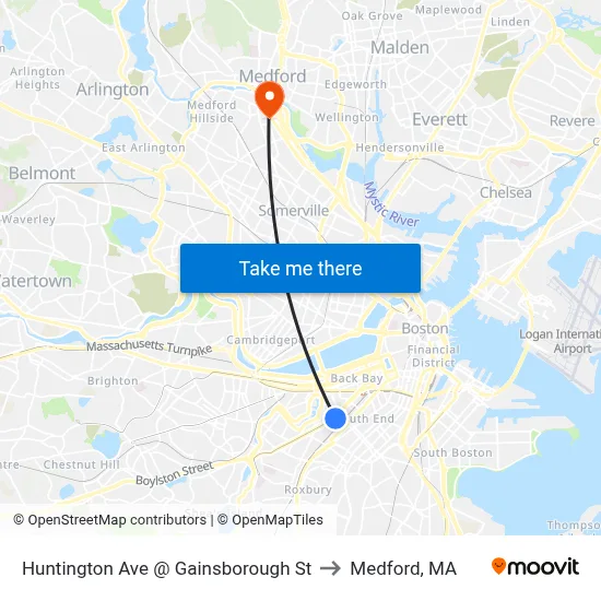 Huntington Ave @ Gainsborough St to Medford, MA map