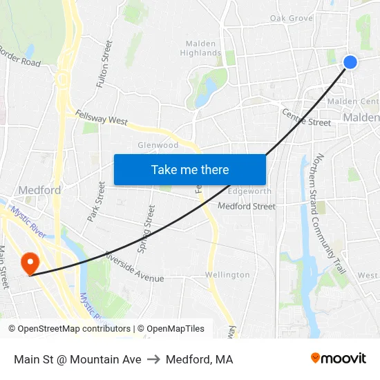 Main St @ Mountain Ave to Medford, MA map
