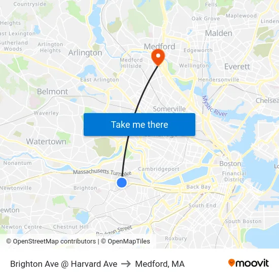 Brighton Ave @ Harvard Ave to Medford, MA map