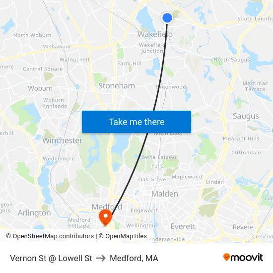 Vernon St @ Lowell St to Medford, MA map