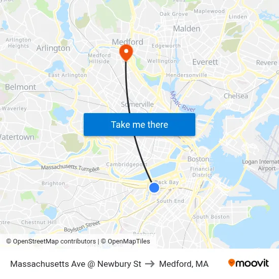 Massachusetts Ave @ Newbury St to Medford, MA map