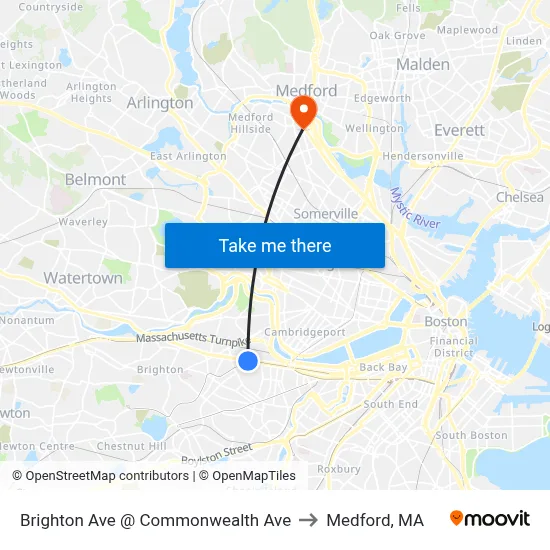 Brighton Ave @ Commonwealth Ave to Medford, MA map