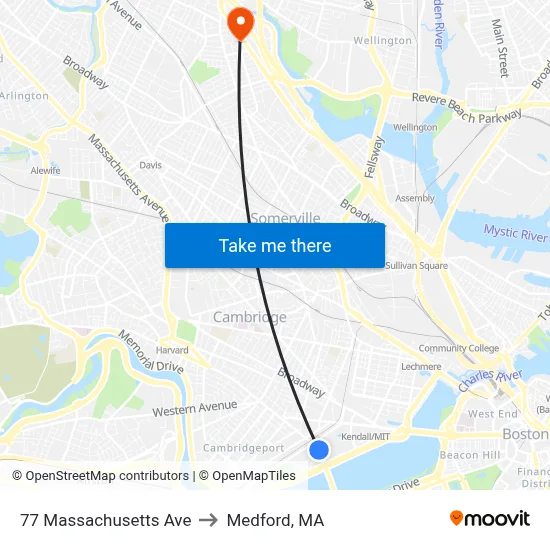 77 Massachusetts Ave to Medford, MA map