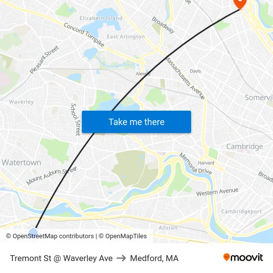 Tremont St @ Waverley Ave to Medford, MA map