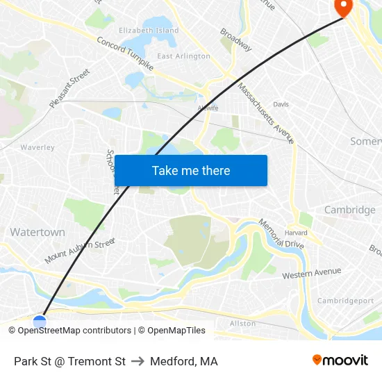 Park St @ Tremont St to Medford, MA map