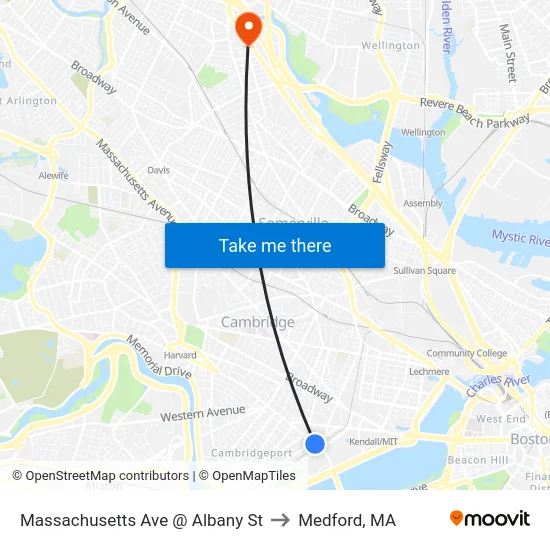 Massachusetts Ave @ Albany St to Medford, MA map