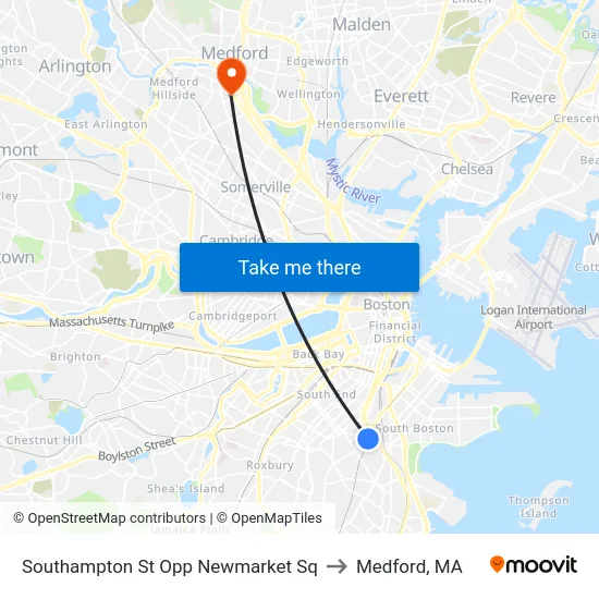 Southampton St Opp Newmarket Sq to Medford, MA map