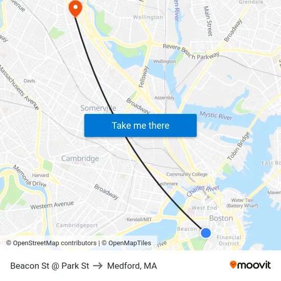 Beacon St @ Park St to Medford, MA map