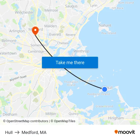 Hull to Medford, MA map