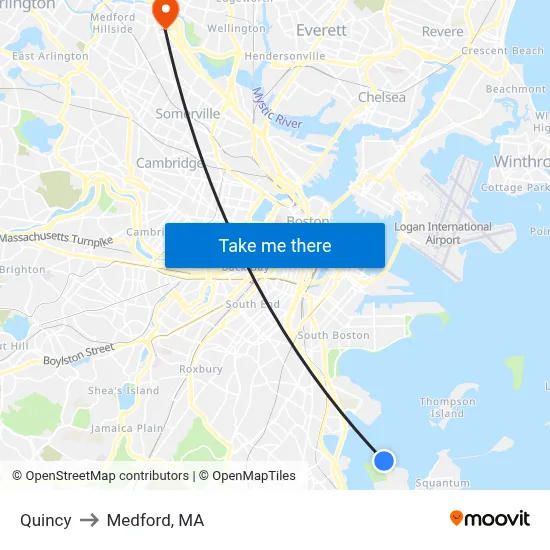 Quincy to Medford, MA map