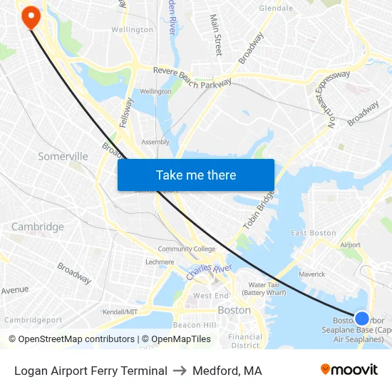 Logan Airport Ferry Terminal to Medford, MA map