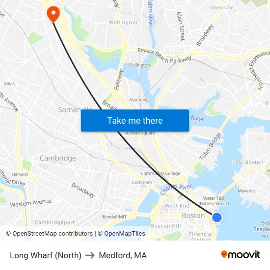 Long Wharf (North) to Medford, MA map