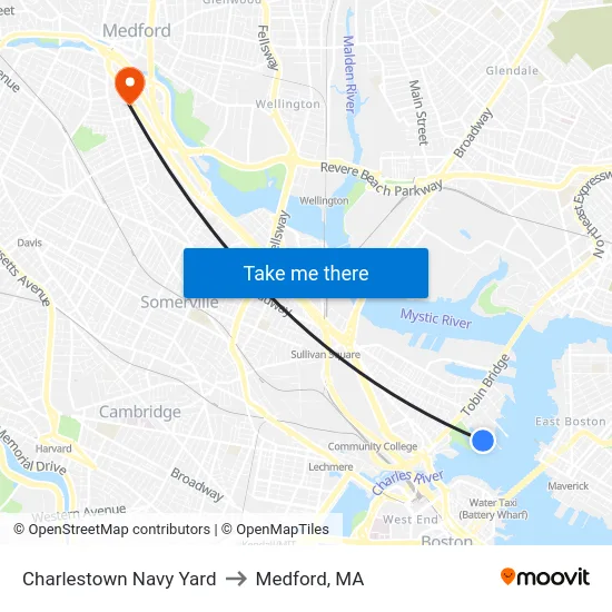 Charlestown Navy Yard to Medford, MA map