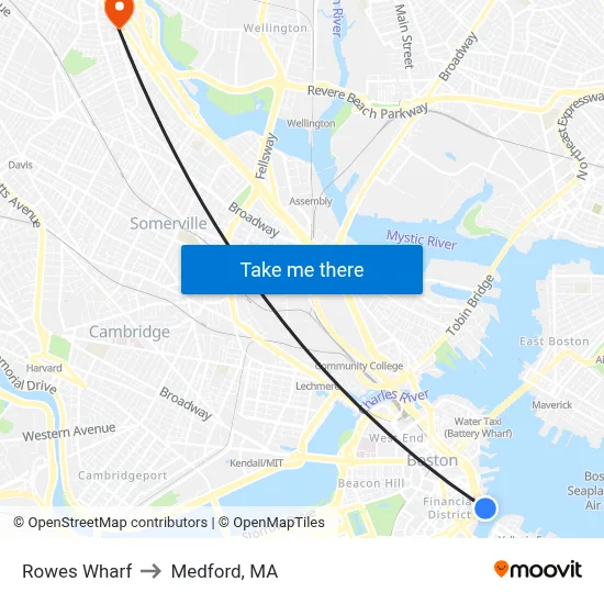 Rowes Wharf to Medford, MA map