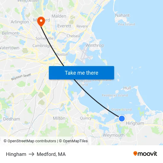 Hingham to Medford, MA map